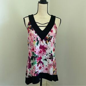 Susan Lawrence Floral Sleeveless Blouse Large Black Pink Y2K Business Casual Top